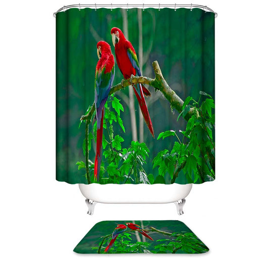 Scarlet Macaw Shower Curtain, Green Forest Beautiful Red Parrot Bathroom Curtain