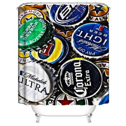 Bottle Cap Shower Curtain, Beer Lover Various Bottle Caps Bathroom Curtain