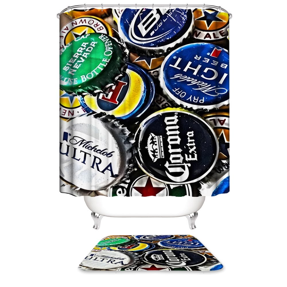 Bottle Cap Shower Curtain, Beer Lover Various Bottle Caps Bathroom Curtain