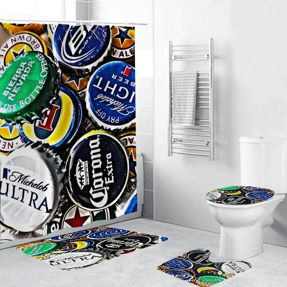 Bottle Cap Shower Curtain, Beer Lover Various Bottle Caps Bathroom Curtain