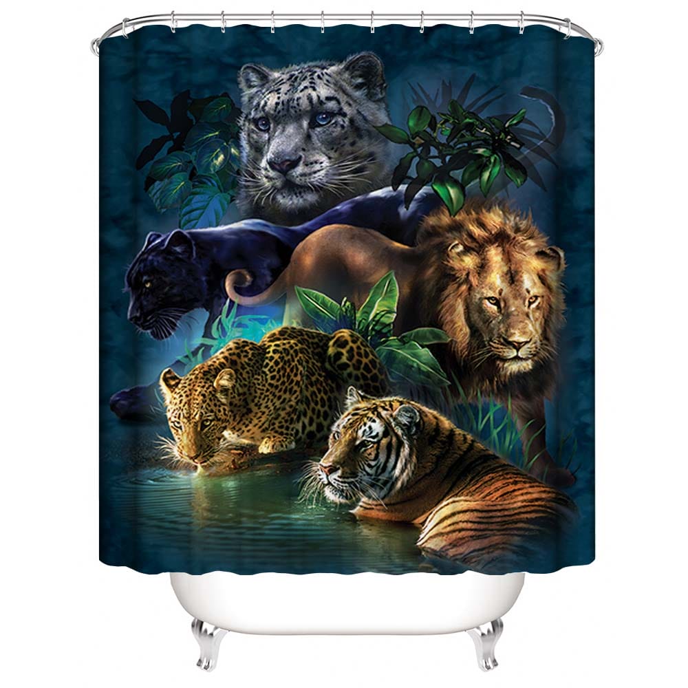 Wild Animal Shower Curtain, Big Cats Set Leopard Lion Tiger Panther Shower Curtain