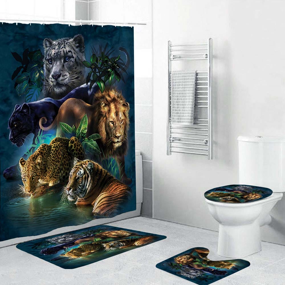 Wild Animal Shower Curtain, Big Cats Set Leopard Lion Tiger Panther Shower Curtain