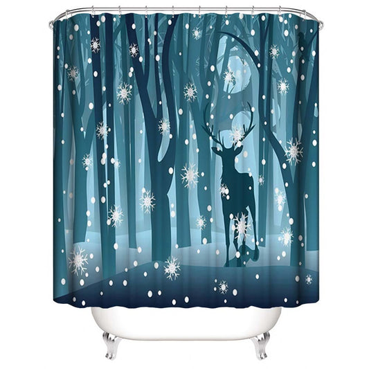 Winter Snowy Deer Shower Curtain, Forest Snowy Night Elk Bathroom Curtain