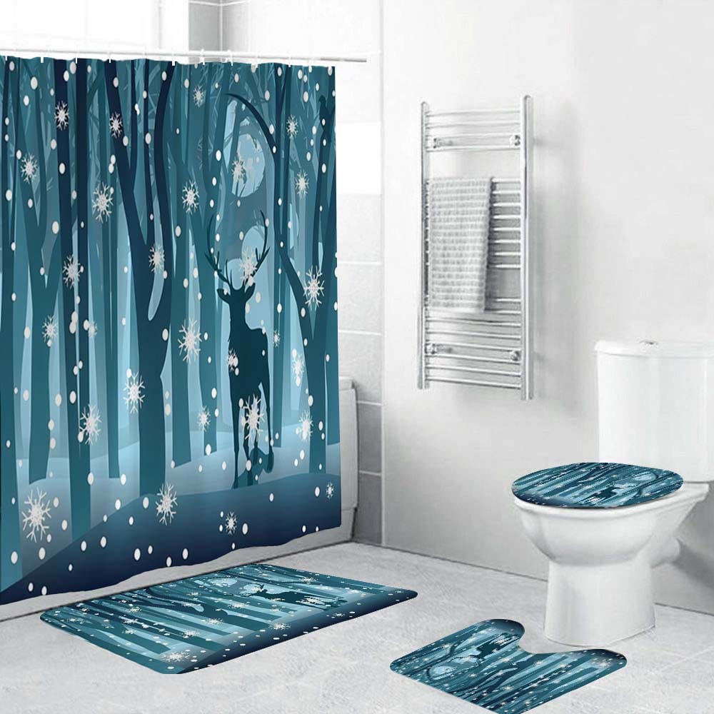 Winter Snowy Deer Shower Curtain, Forest Snowy Night Elk Bathroom Curtain