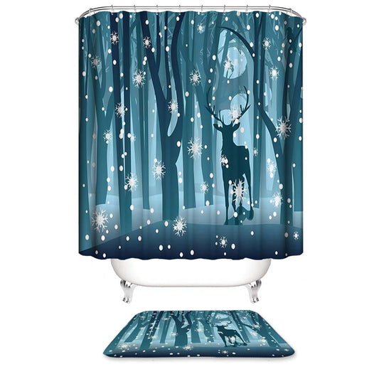 Winter Snowy Deer Shower Curtain, Forest Snowy Night Elk Bathroom Curtain