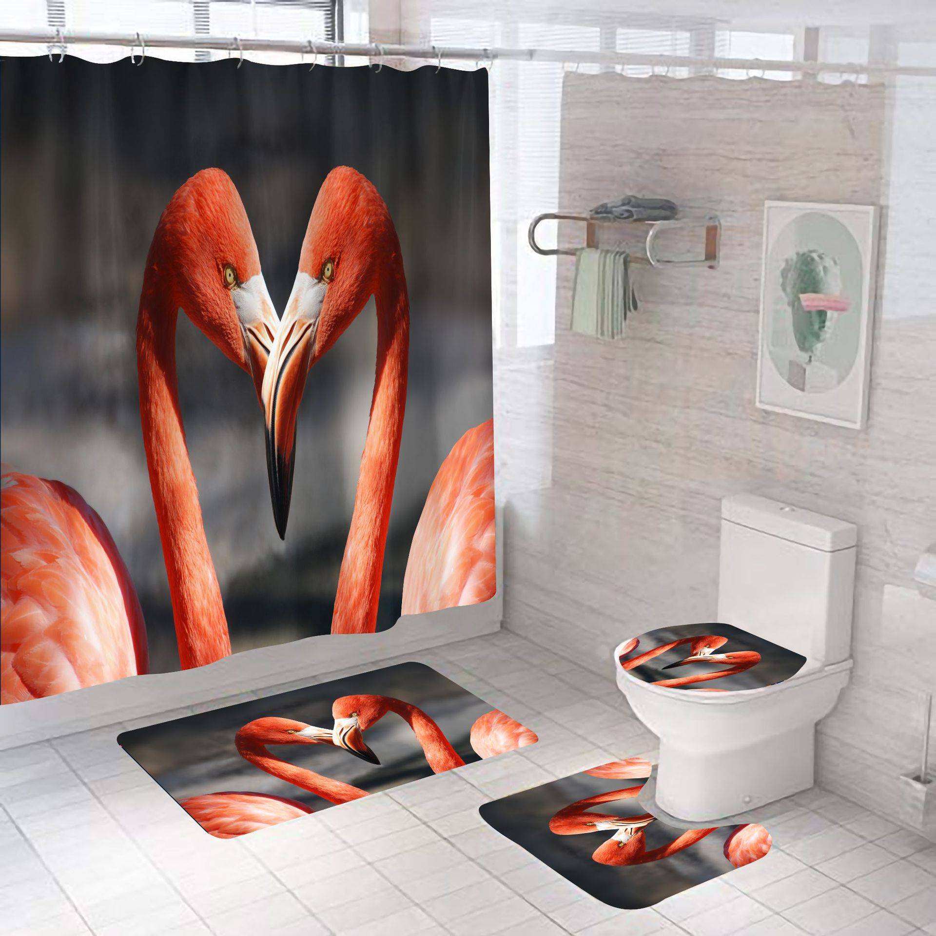 Affectionate Flamingo Valentine Shower Curtain Bothroom Set | Flamingo Valentine Bathroom Curtain