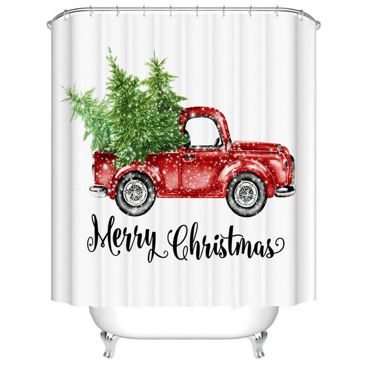 Snowflake Wave Dot Christmas Red Truck Shower CurtainChristmas Red Truck Shower Curtain, Merry Christmas Bathroom Curtain
