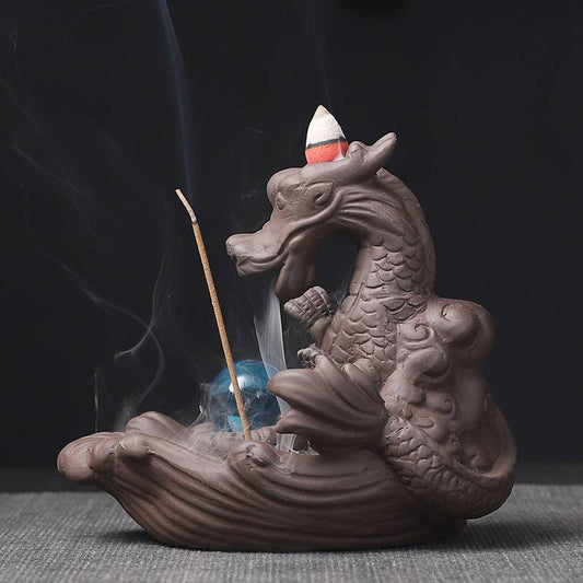 Dragon Backflow Incense Burner with LED Lights Ball on Pond Crafts