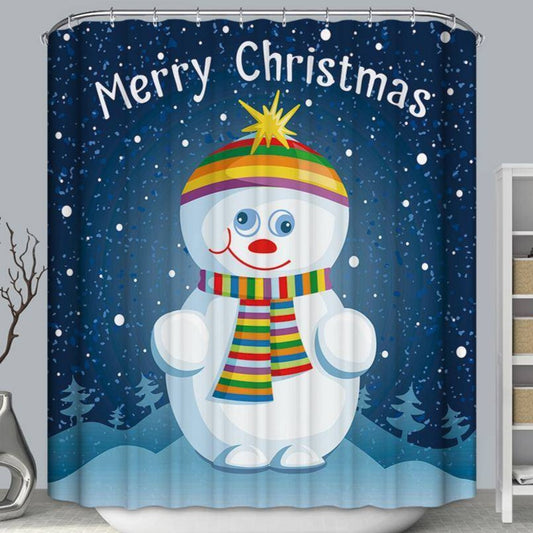 Cartoon Snowy Night Mery Christmas Cute Snowman Shower Curtain