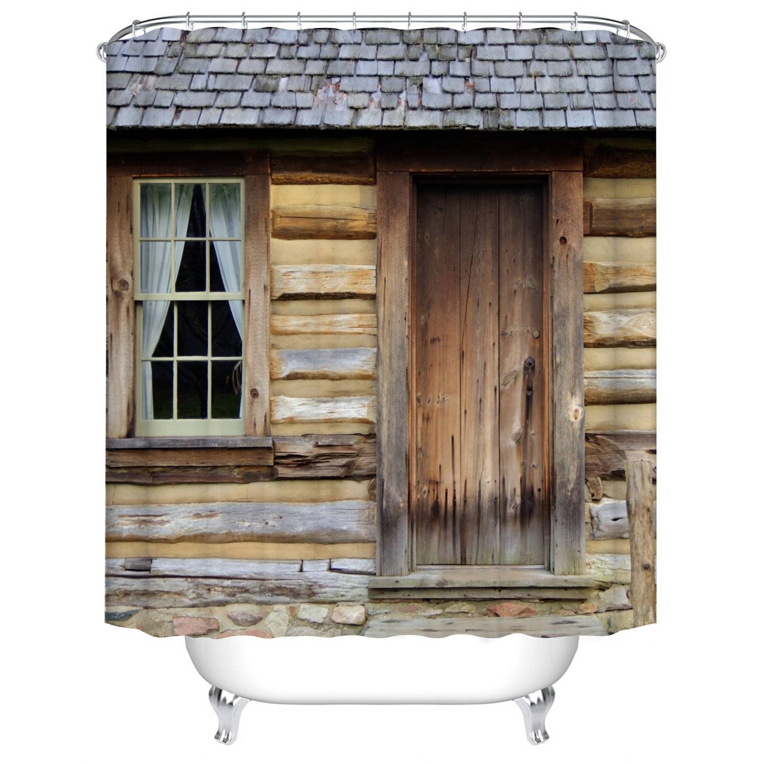 Country Wooden House Front View Rustic Cabin Shower Curtain