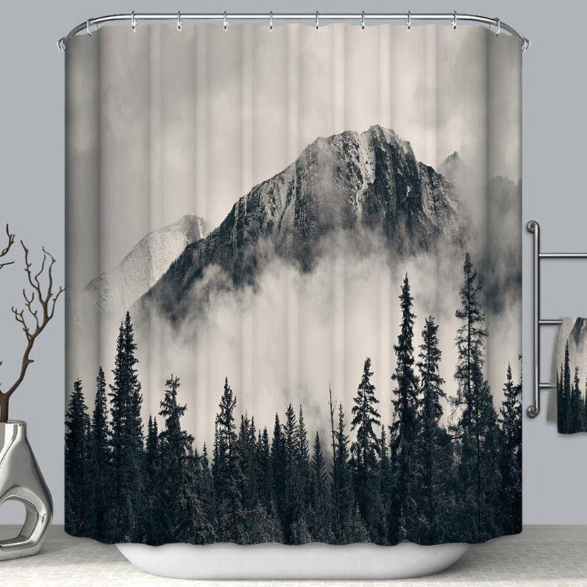 White Black Nature Taiga Forest Misty Snow Mountain Shower Curtain