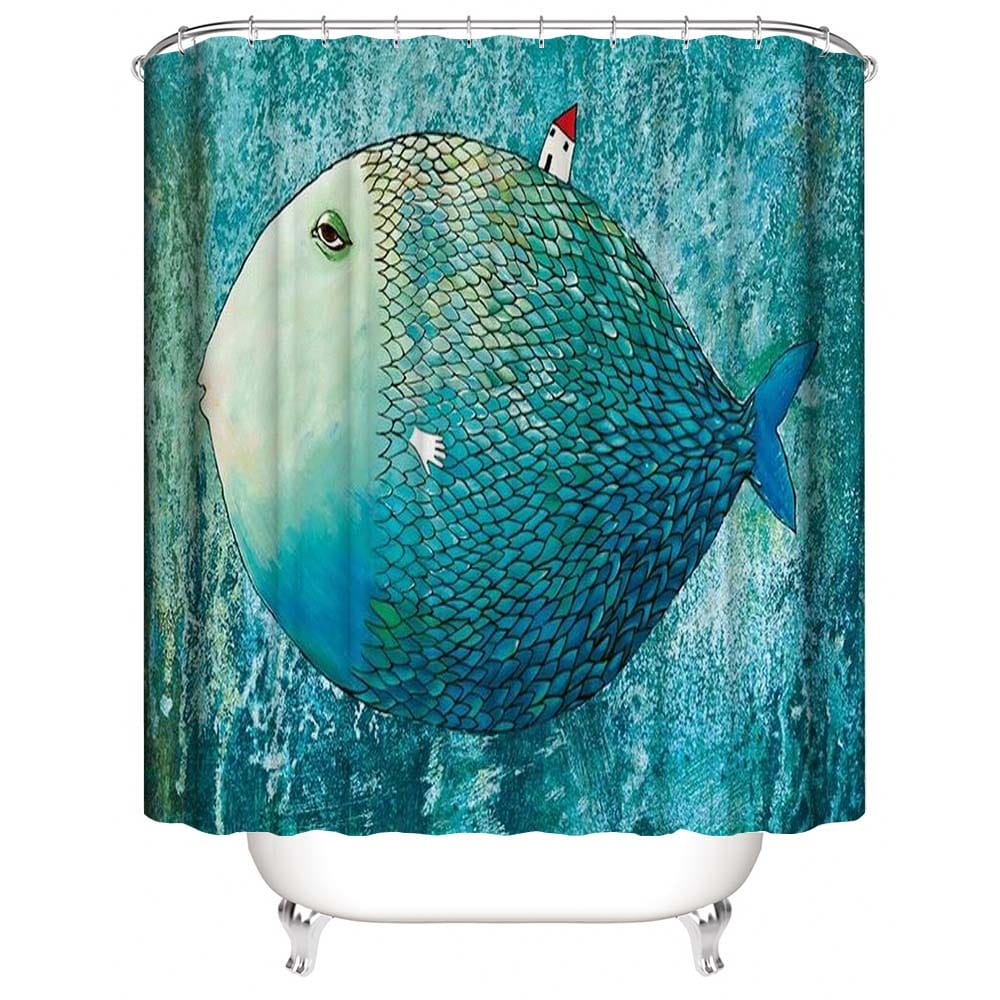 Cartoon Sleepy Blue Fish Shower Curtain, Abstract Fish and Cabin Bathroom Curtain