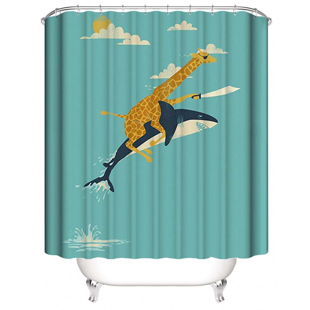 Cartoon Dream Go Fighting Giraffe Riding Shark Shower Curtain