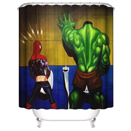 Cartoon Funny Hulk and Spider Man Peeing Shower Curtain