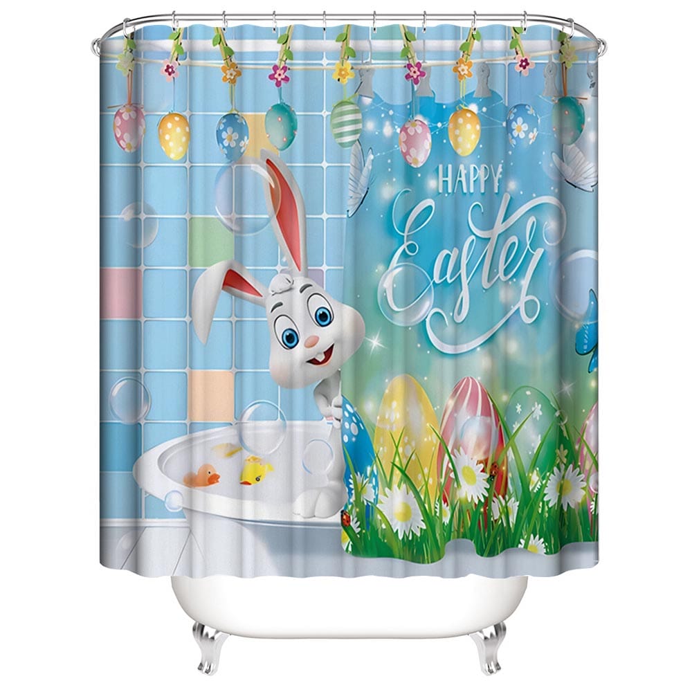 Easter Bath Bunny Shower Curtain, Cartoon Happy Bath Bunny Easter Eggs Bathroom Curtain