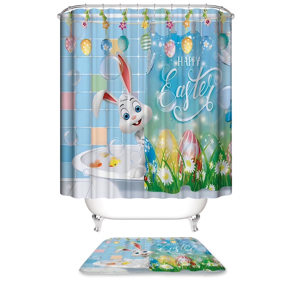 Easter Bath Bunny Shower Curtain, Cartoon Happy Bath Bunny Easter Eggs Bathroom Curtain