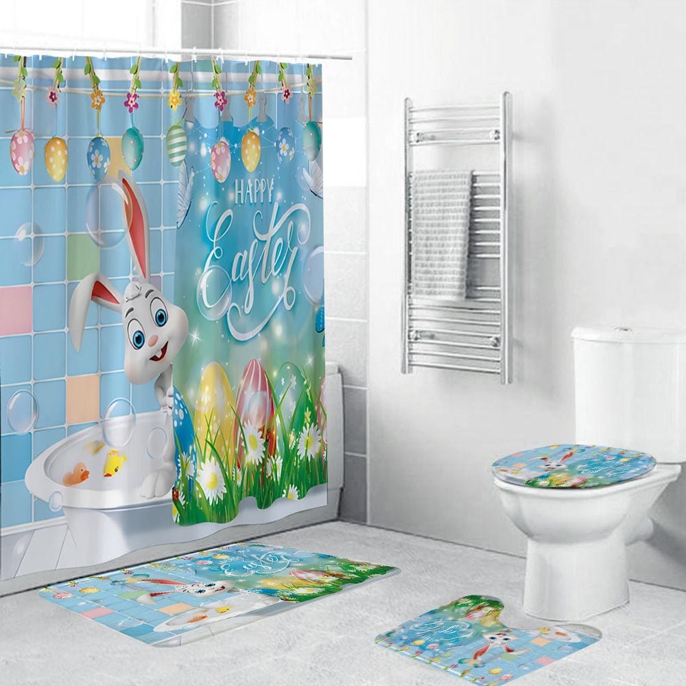 Easter Bath Bunny Shower Curtain, Cartoon Happy Bath Bunny Easter Eggs Bathroom Curtain