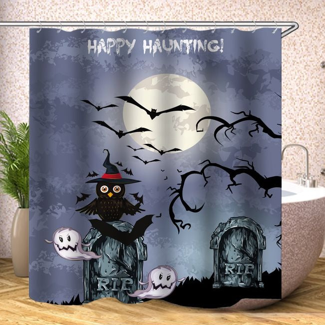Cartoon Owl Ghost Halloween Graveyard Shower Curtain | Cartoon Halloween Graveyard  Bathroom Curtain