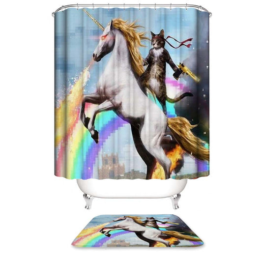 Cat Riding Unicorn Shower Curtain, Funny Cat Unicorn Bathroom Curtain