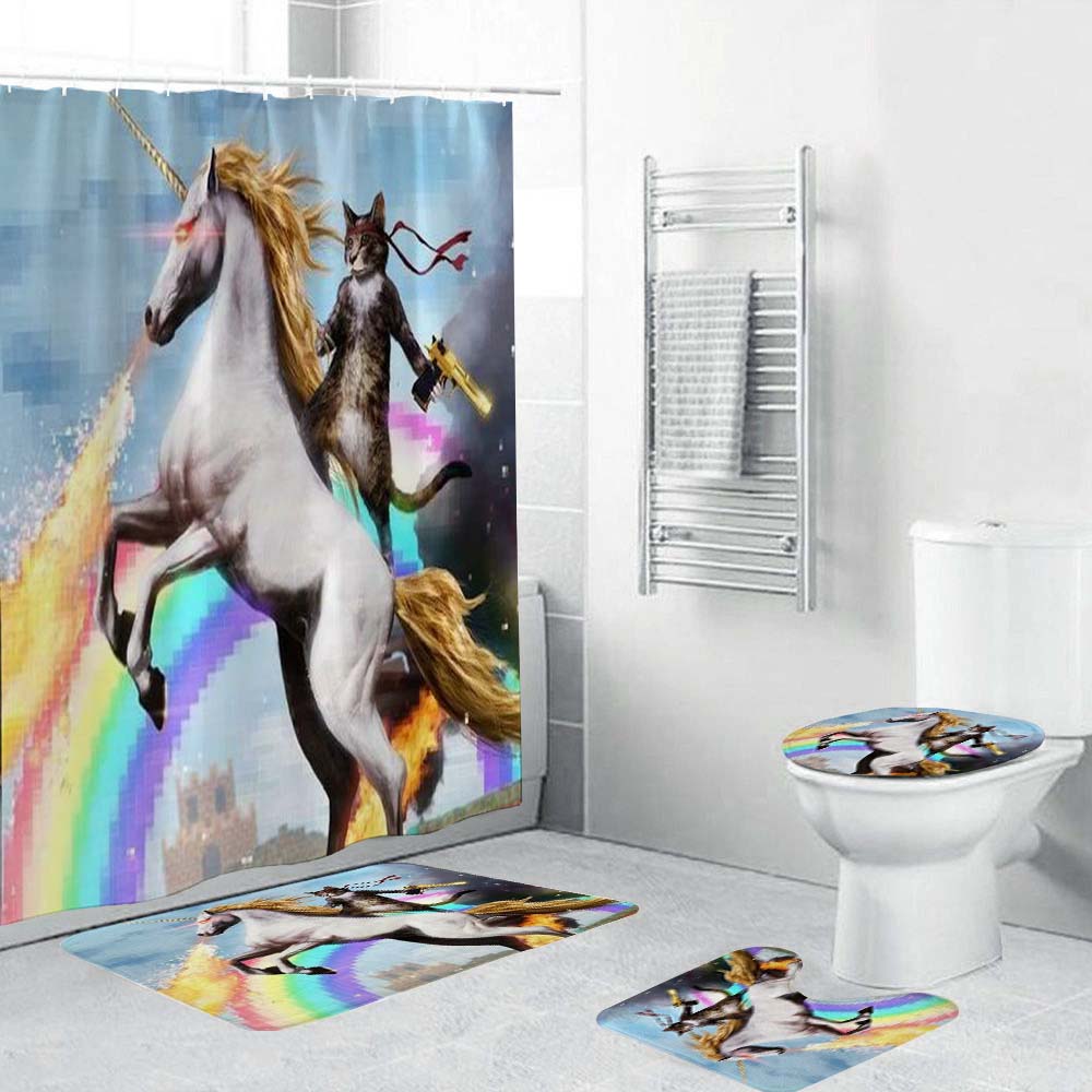 Cat Riding Unicorn Shower Curtain, Funny Cat Unicorn Bathroom Curtain
