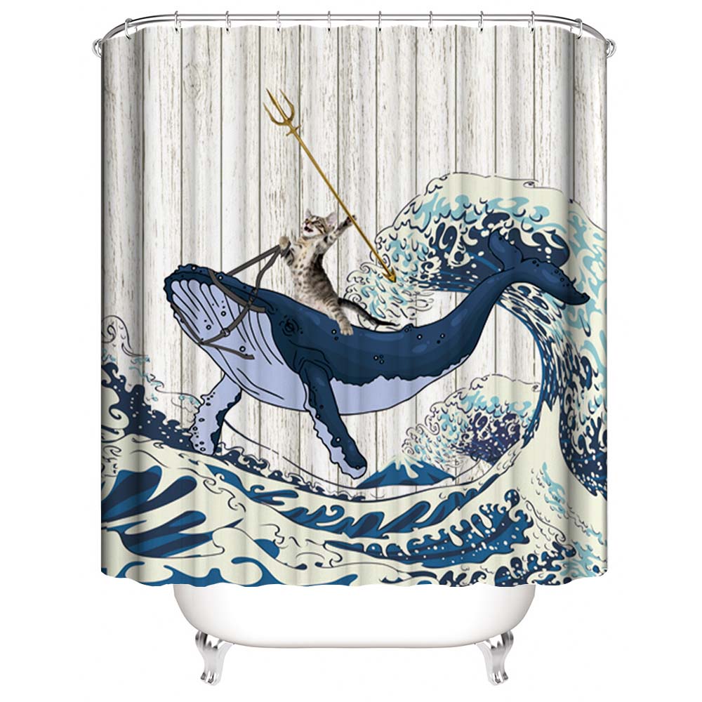Funny Cat Riding A Whale Shower Curtain with Japan Kanagawa Waves | Funny Cat on Whale Shower Curtain
