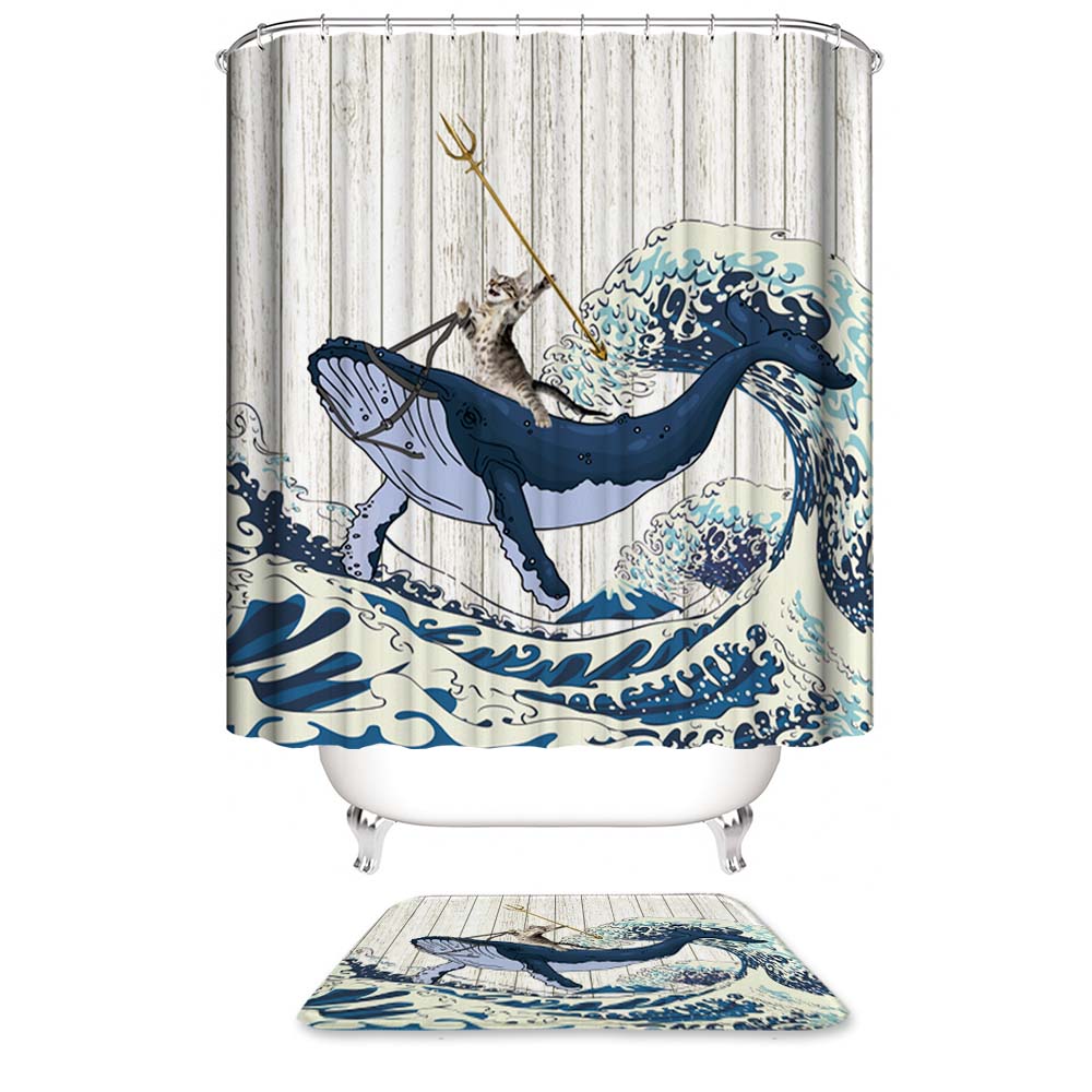 Funny Cat Riding A Whale Shower Curtain with Japan Kanagawa Waves | Funny Cat on Whale Shower Curtain