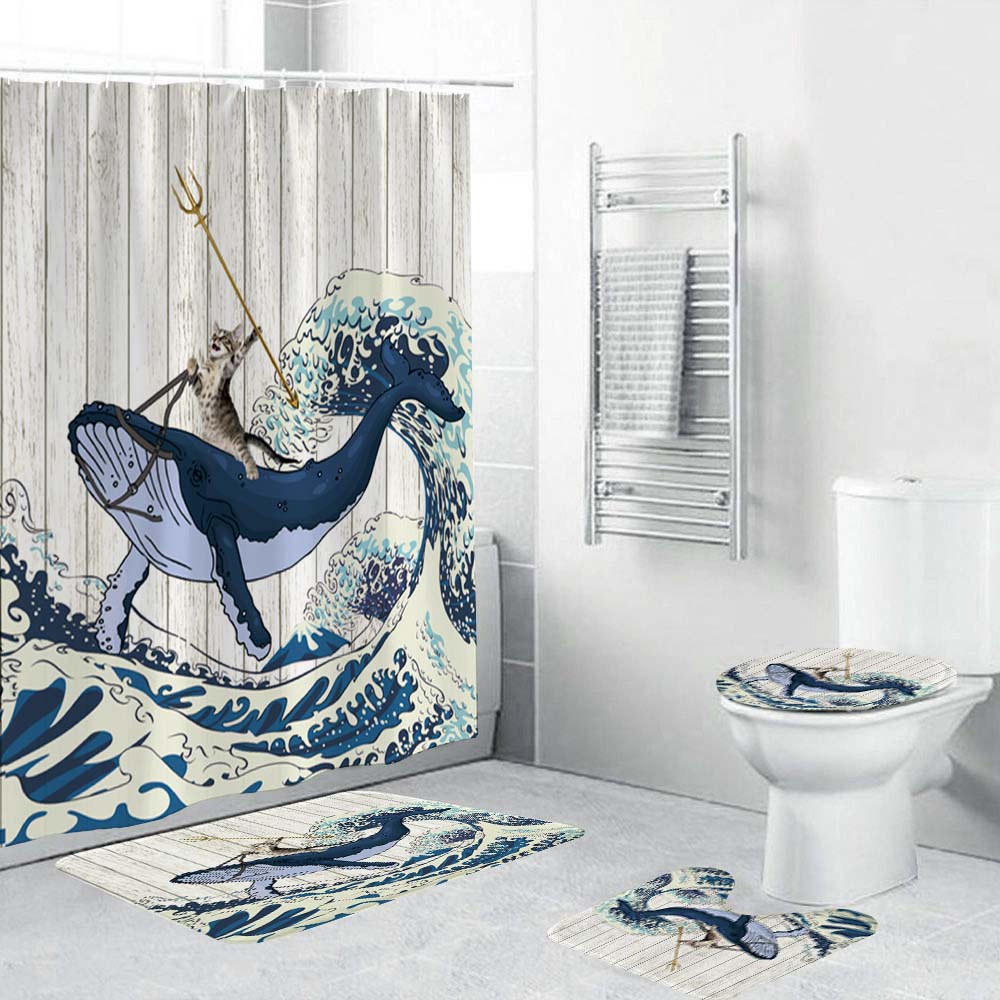 Funny Cat Riding A Whale Shower Curtain with Japan Kanagawa Waves | Funny Cat on Whale Shower Curtain