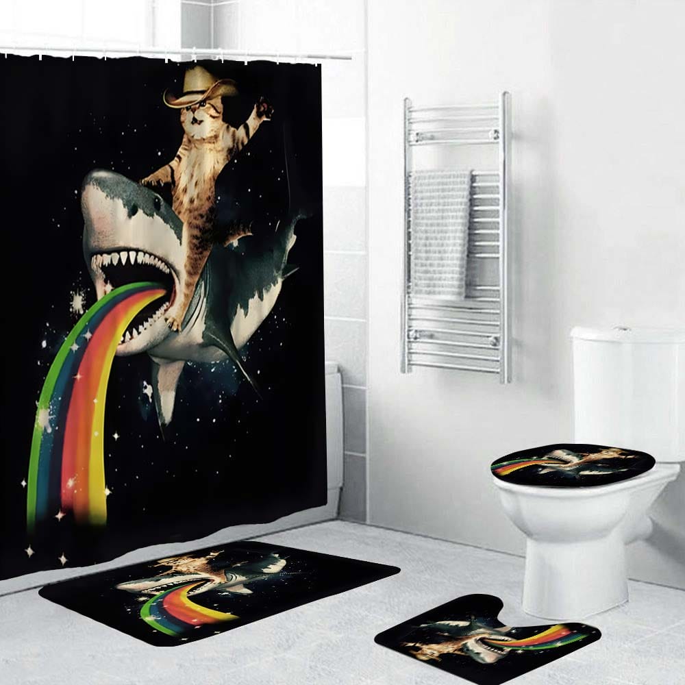 Cat Riding Shark Shower Curtain, Funny Cat Rainbows Shark Bathroom Curtain