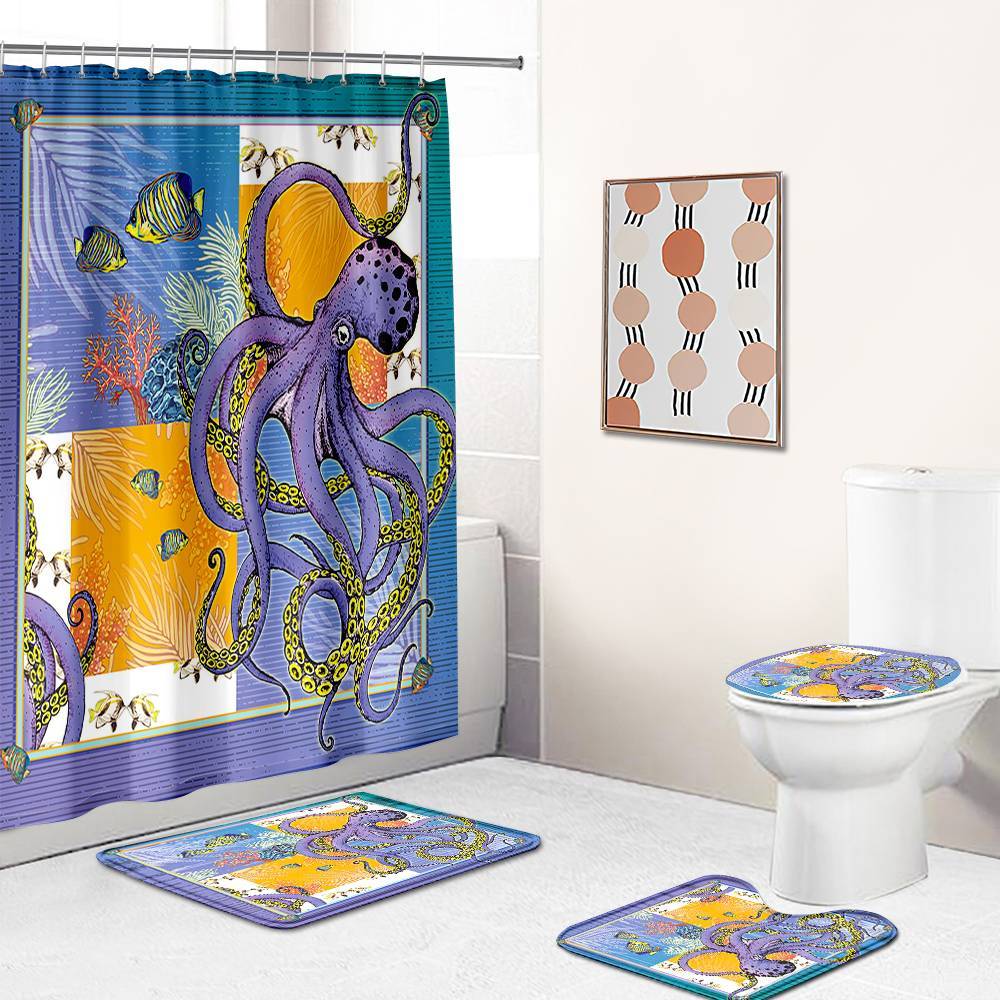 Purple Octopus and Coral Shower Curtain | Octopus and Coral Bathroom Curtain