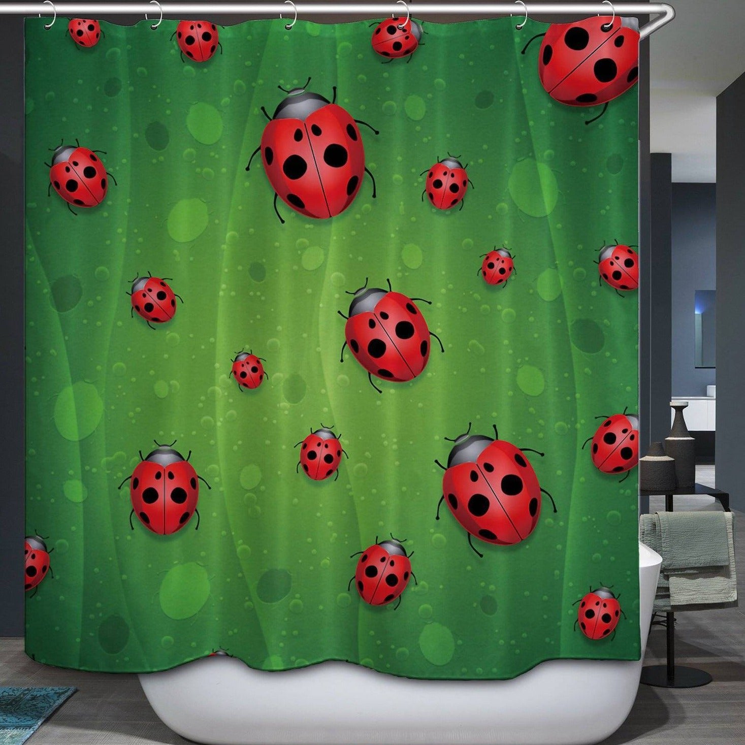 Insect Ladybug Shower Curtain with Green Leaf Wavelet Dot Background