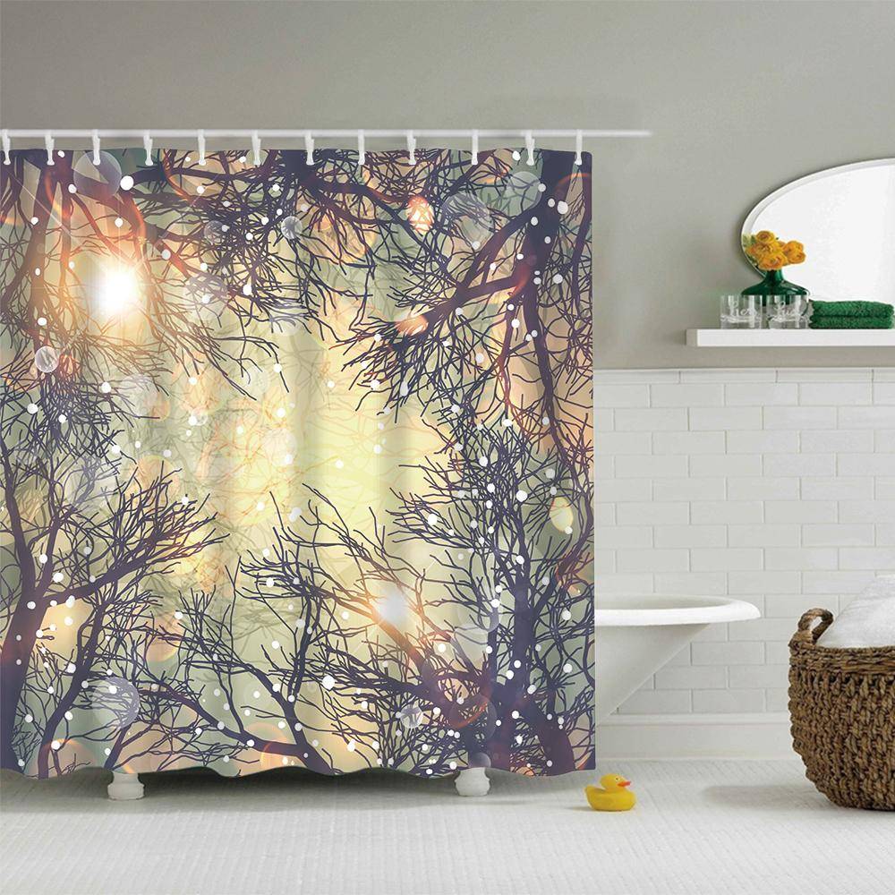 Sunset Upward View in Snowy Forest Shower Curtain