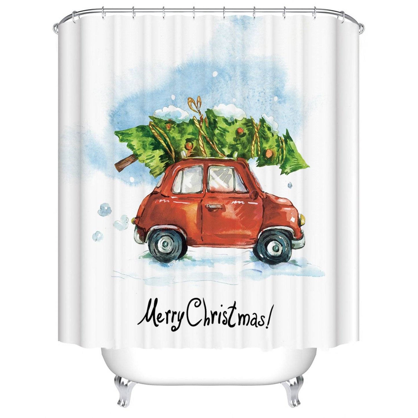Christmas Tree on The Roof of The Red Car Shower Curtain