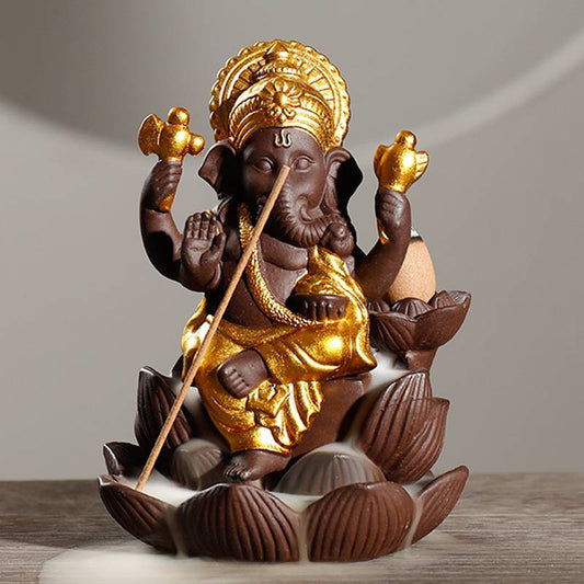 Ganesha Lotus Base Backflow Incense Burner with Incense Stick Holder