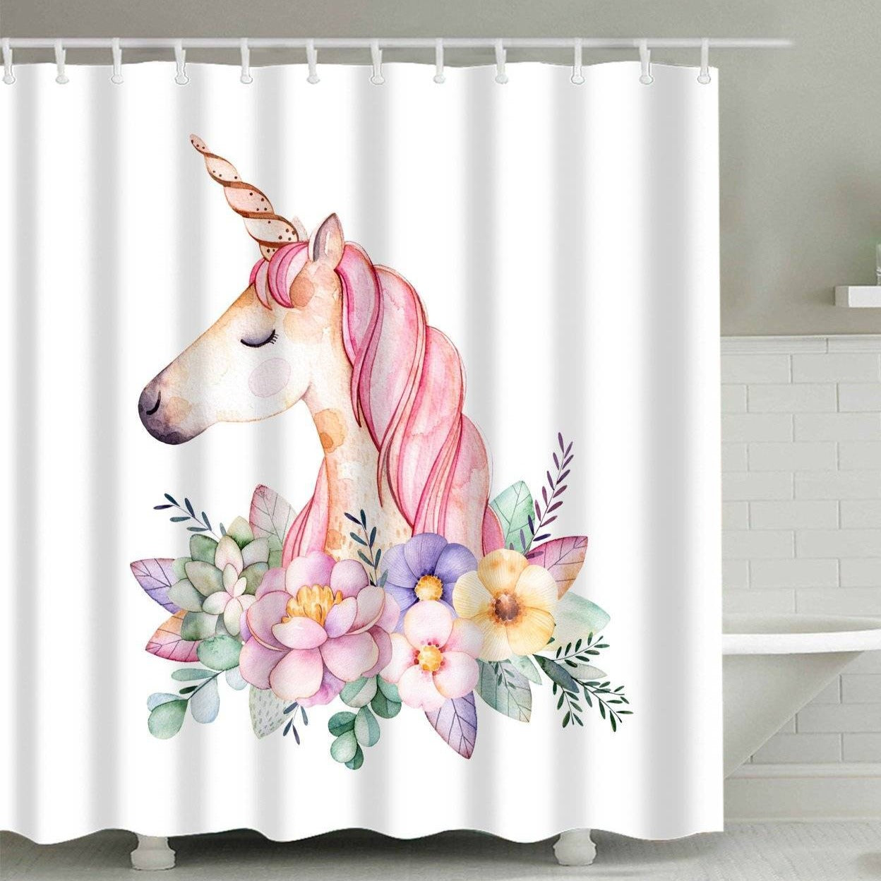 Pink Flowers Unicorn Shower Curtain