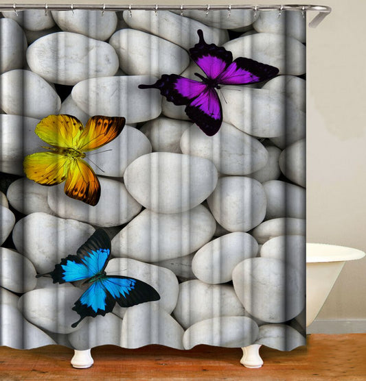 Colorful Butterflies and White Cobblestone Shower Curtain