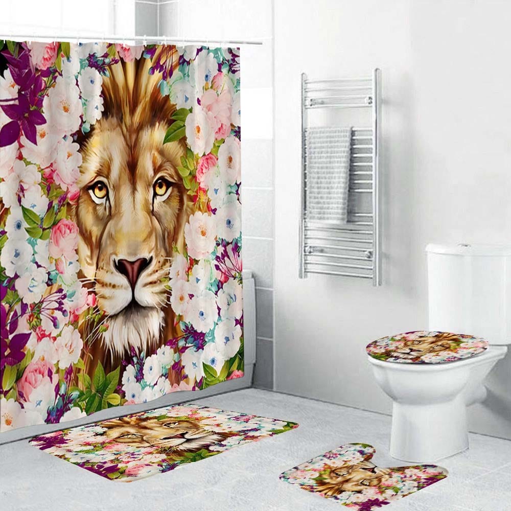 Colorful Flowers Lion Shower Curtain, Good Idea for Decor The Bathroom of Animal Style
