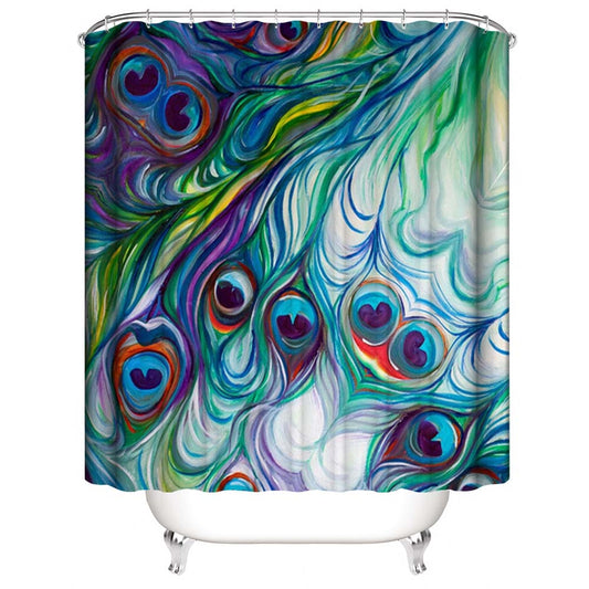 Peacock Feather Shower Curtain, Colorful Hand Painting Bird Tail Style Bathroom Decor