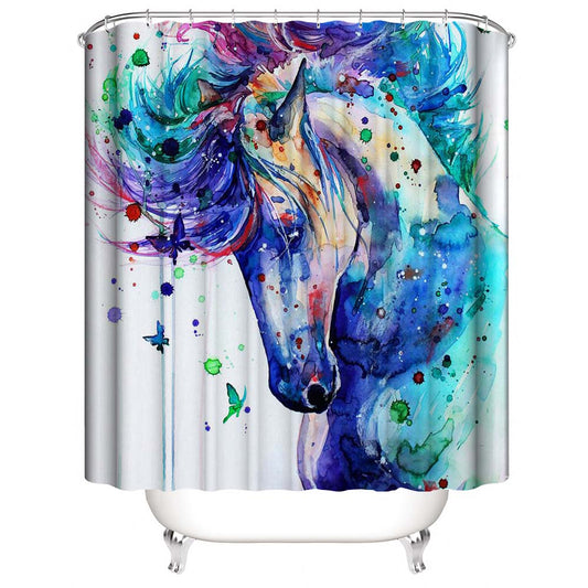 Watercolor Horse Shower Curtain, Colorful Animal Painting Style Bathroom Decor