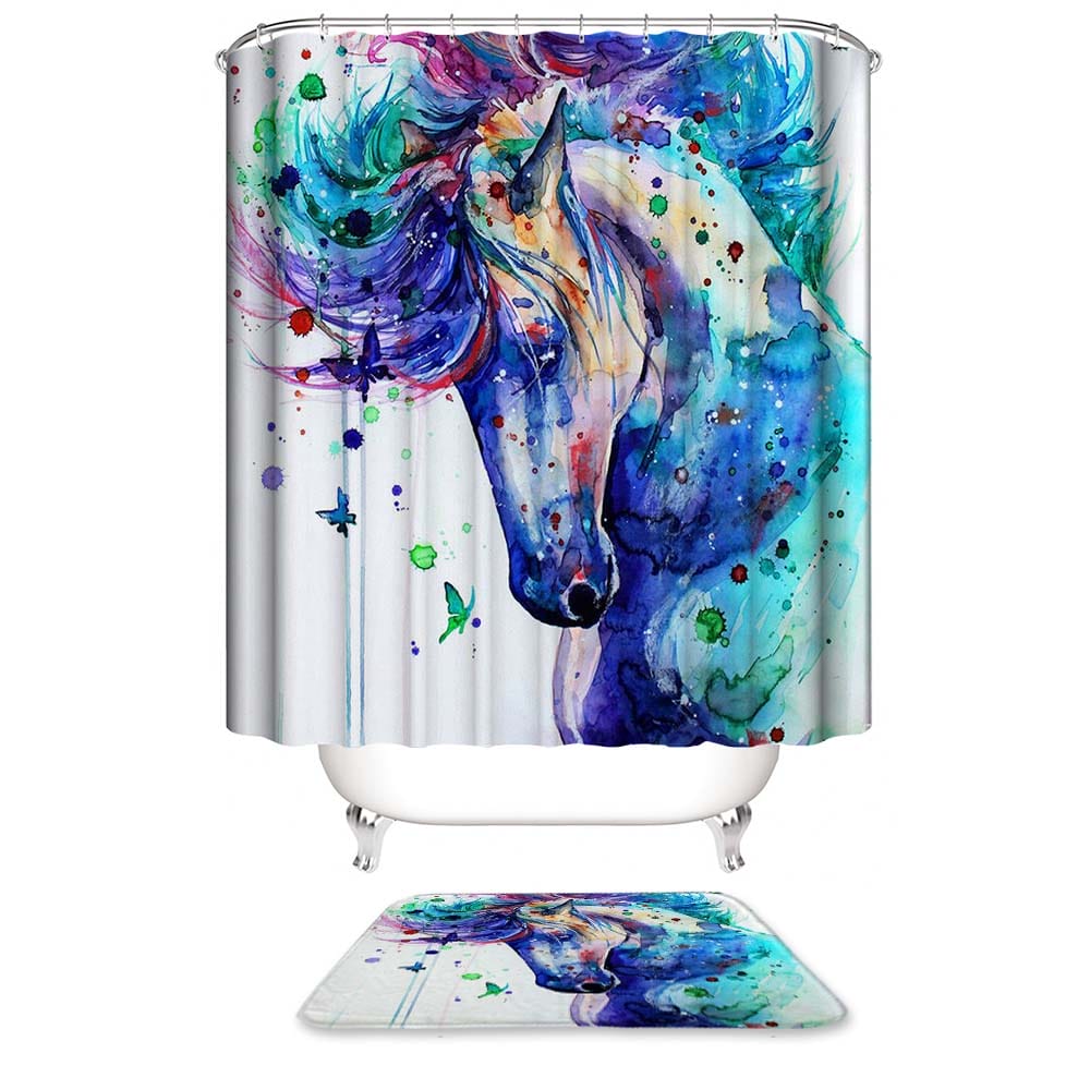 Watercolor Horse Shower Curtain, Colorful Animal Painting Style Bathroom Decor