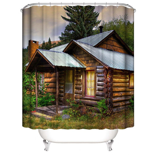 Quiet Log Cabin Shower Curtain, Country Lodge Style Bathroom Decor