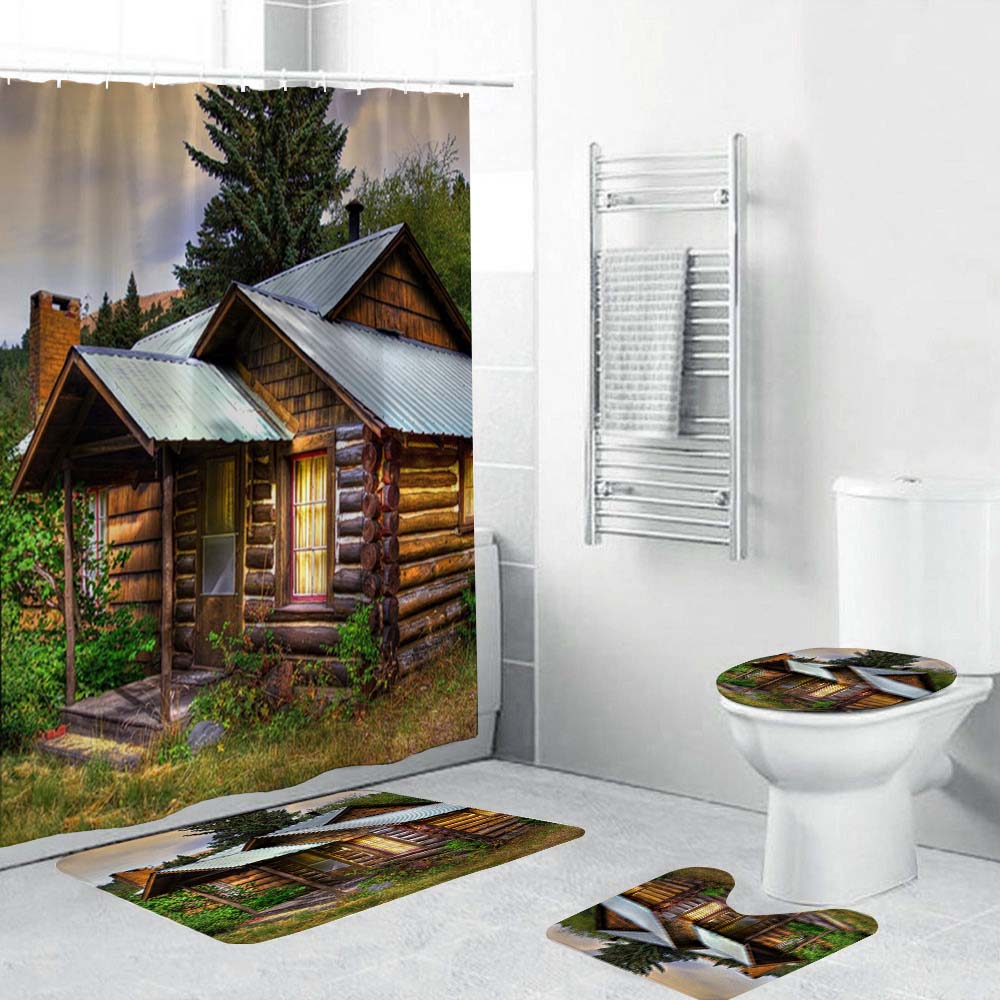 Quiet Log Cabin Shower Curtain, Country Lodge Style Bathroom Decor