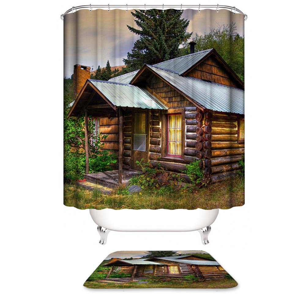 Quiet Log Cabin Shower Curtain, Country Lodge Style Bathroom Decor