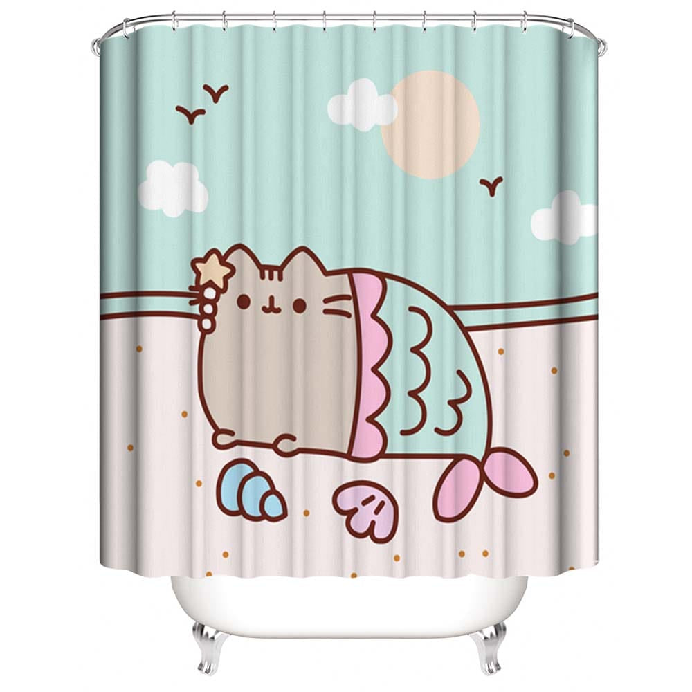 Cute Cartoon Pusheen Mermaid Shower Curtain | Pusheen Cat Shower Curtain