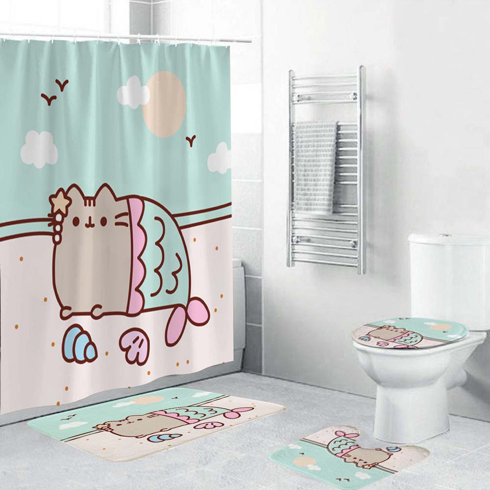 Cute Cartoon Pusheen Mermaid Shower Curtain | Pusheen Cat Shower Curtain