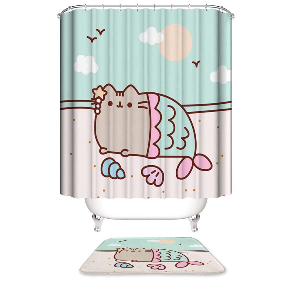 Cute Cartoon Pusheen Mermaid Shower Curtain | Pusheen Cat Shower Curtain