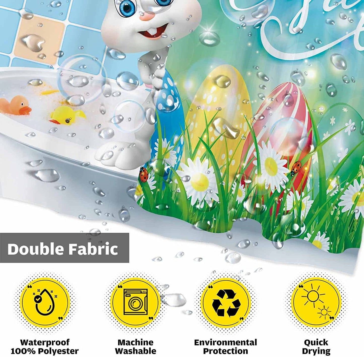 Cartoon Happy Bath Bunny Easter Shower Curtain