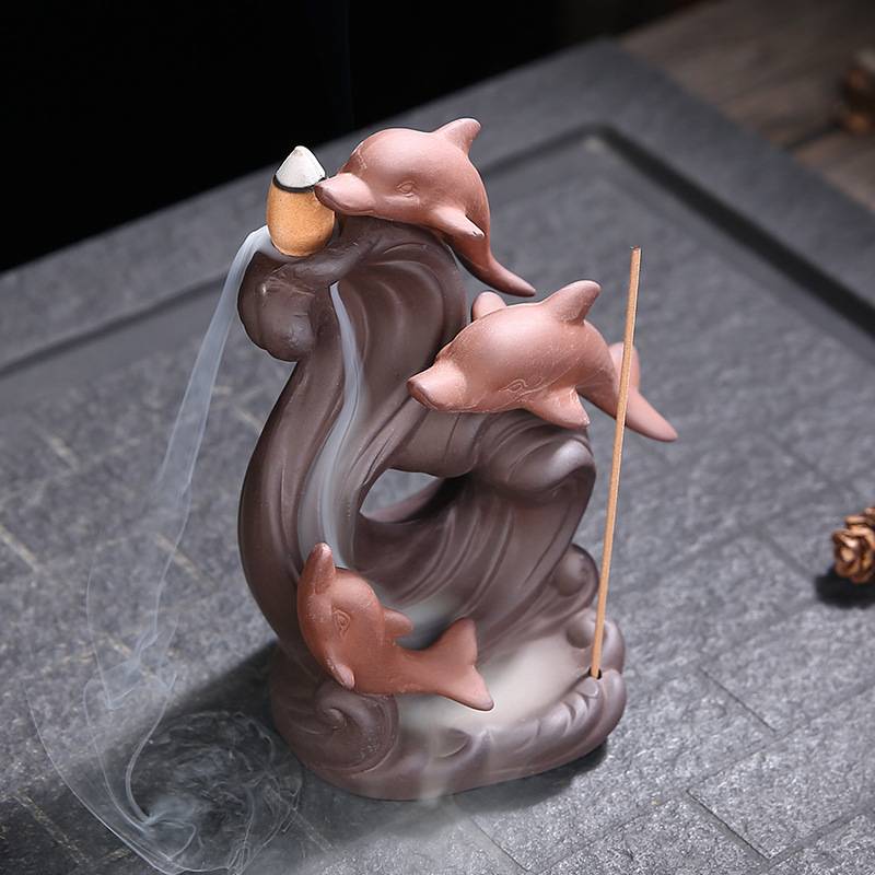 Three Dolphins Playing Backflow Incense Burner with Incense Stick Holder