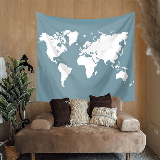 Dusty Blue Backgroup Simple White World Map Tapestry | White World Map Wall Tapestry