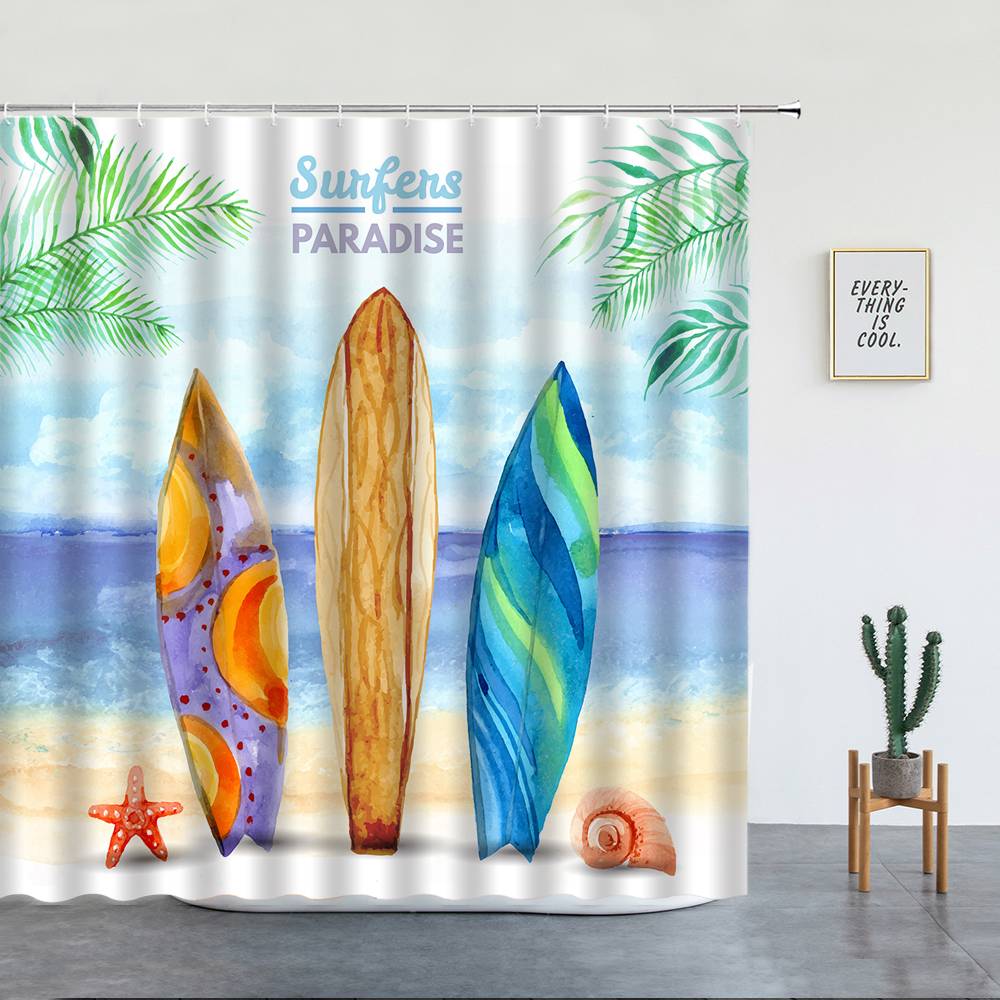 Surfers Paradise Vacation Seaside Surfboard Shower Curtain | Surf Bathroom Curtain