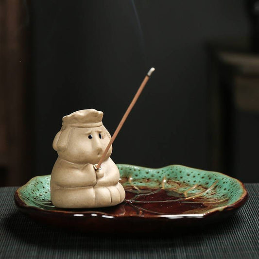 Pig Journey To The West Tang Monk Incense Stick Burner with Lotus Leaf Tray